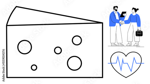 Cheese wedge outline with holes, businesspeople shaking hands, heartbeat in heart shape. Ideal for business, partnership, food industry, teamwork, health quality agreement. Simple flat metaphor