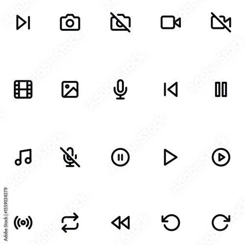  Media & Creative Feather Icons | Line Art Style | Video, Music, Camera, Play, Film, Coffee