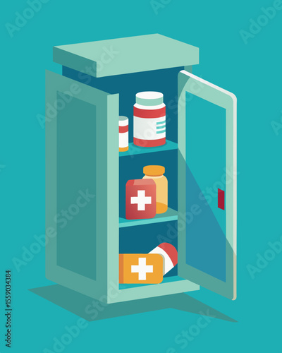 A box filled with expired medication now useless and potentially harmful forgotten in the back of a medicine cabinet.. Vector illustration