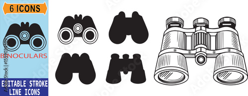 Binoculars Editable Stroke Line Icons and Silhouettes Set with Vector Illustration 