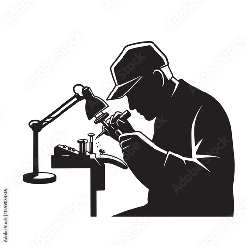 Jeweler meticulously working on jewelry using tools under the soft light of a desk lamp.