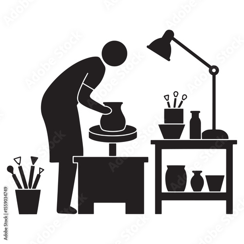 Pottery wheel artist creating ceramic art inside a workshop with equipment and tools illustration