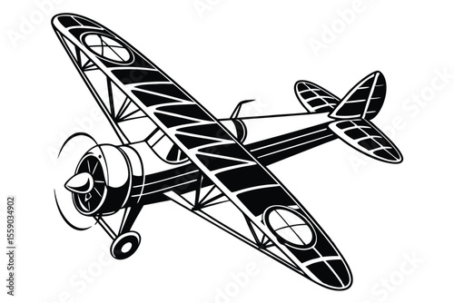 Vintage Biplane Illustration A Classic Aviation Design with Intricate Details and Bold Outlines Displaying Aviation History