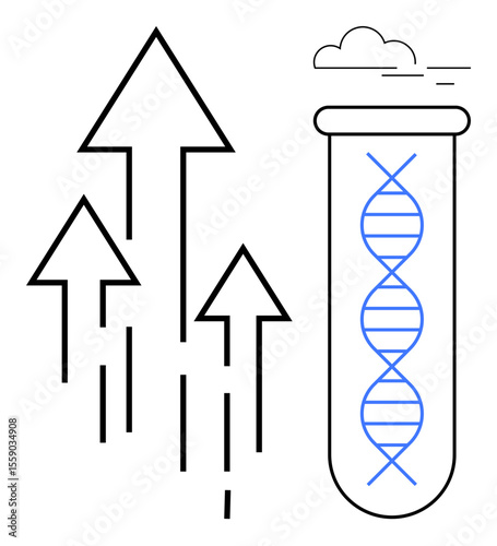 DNA helix in a test tube beside upward growth arrows, representing progress. Ideal for science, innovation, research, genetics, future technology, biotechnology laboratory. Clean simple flat