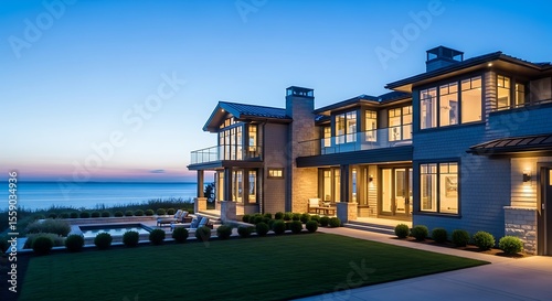 Photo of a luxurious modern beachfront house glows warmly at dusk overlooking the ocean