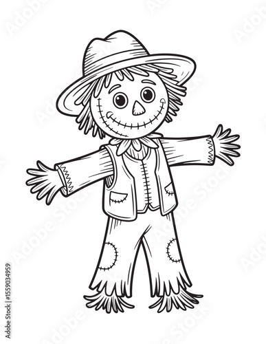 Friendly Scarecrow with Hat and Overalls – Autumn Farm Character Coloring Page for Kids
