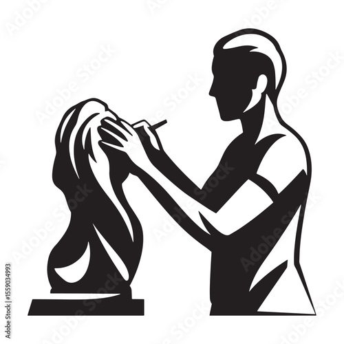 Silhouette illustration of a sculptor working on a stone bust with artistic detail
