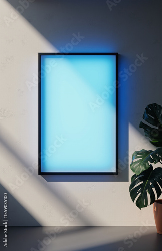 Modern blue lightbox on textured concrete wall background