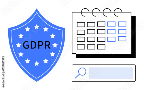 Blue GDPR shield beside a calendar and search bar represents data protection planning. Ideal for privacy, compliance, security, organization, scheduling, research, simple landing page