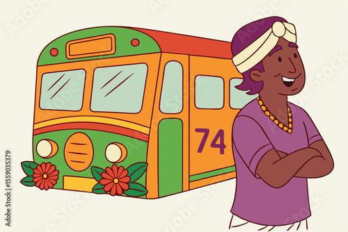Colorful Indian Decorated Bus with Standing Man Turban and Beads Artistic Illustration Exuding South Asian Culture and Transit