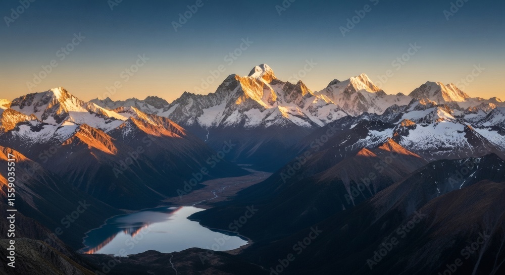 Obraz premium Majestic Sunrise over Snow-Capped Mountain Range and Serene Lake