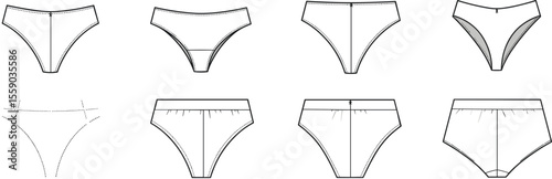 Technical flat sketches of women's seamless bikini underwear and thong styles, showcasing various views, ideal for lingerie design, intimate apparel, and pattern making.