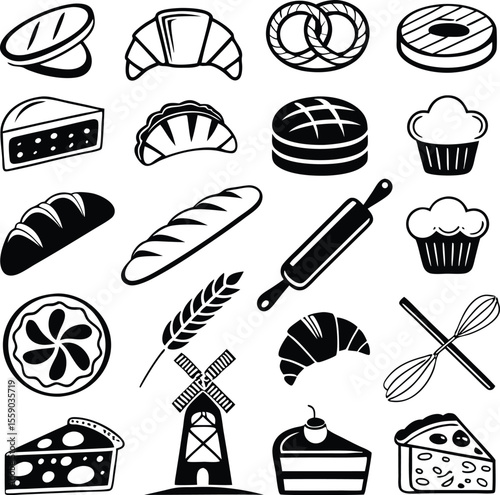 Assorted baked goods and baking tools bread croissant