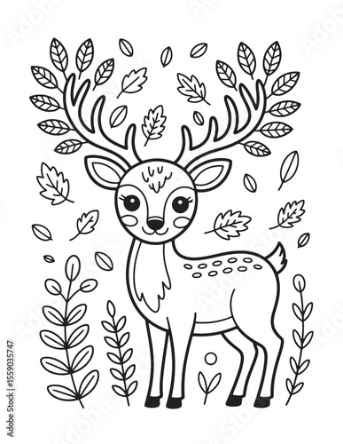  Whitetail Deer Surrounded by Autumn Leaves – Woodland Wildlife Line Art for Kids and Adults Coloring Book