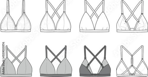 Technical flat sketches of women's bralettes with various strap and front designs, illustrating underwear, lingerie, and activewear concepts, ideal for fashion design, apparel, and pattern making.