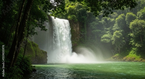 Serene Waterfall Cascading Through Lush Tropical Rainforest