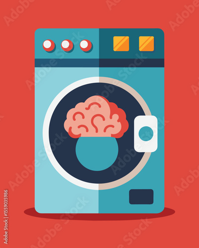 The brainwash cycle depicted by a menacing washing machine with a scheming brain inside.. Vector illustration