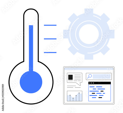Thermometer indicating levels, gear symbolizing configuration, and analytics dashboard for data trends. Ideal for technology, automation, data analysis, environment, climate monitoring, SEO simple