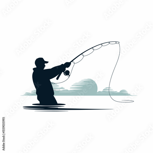 Silhouette of Fly Fisherman Casting at Sunset Peaceful Fishing Scene Illustration