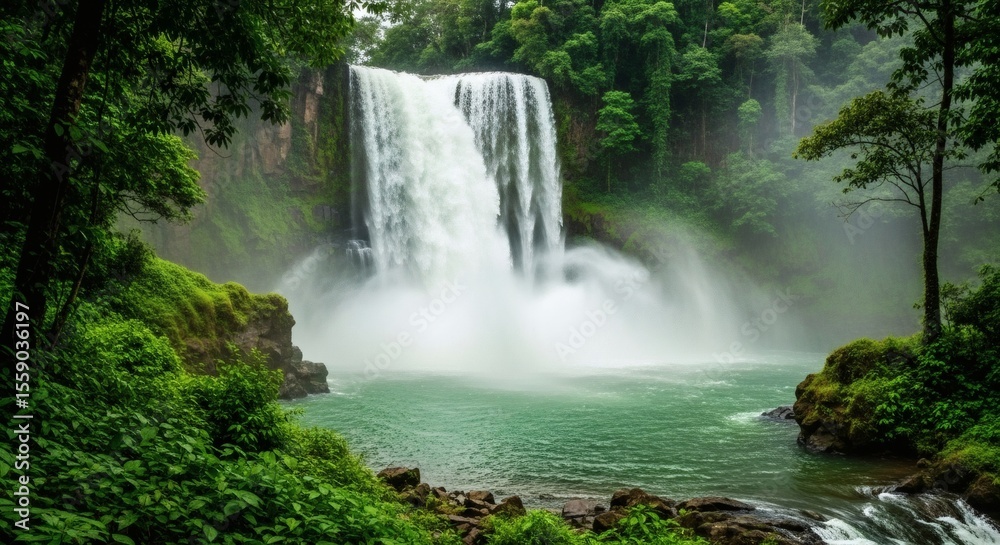 Obraz premium Majestic Waterfall Cascading Through Lush Rainforest