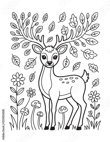 Autumn Deer Surrounded by Leaves – Cute Forest Animal Line Art for Children’s Coloring Book
