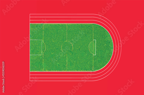 Aerial view soccer field running track stadium green red