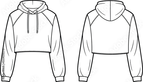 Blank White Cropped Hoodie Template, Drawstring Hood and Raglan Sleeves, Front and Back Views, Isolated on White, Customizable Trendy Apparel Flat Sketch for Fashion Mockups and Print on Demand