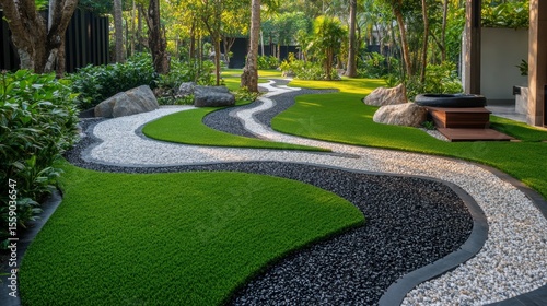 Serene garden path with artificial turf, pebbles, and rocks.