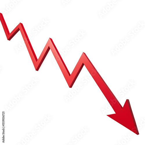 A red arrow pointing downwards isolated on transparent background indicates decline