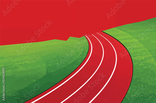 Red running track curves around green field