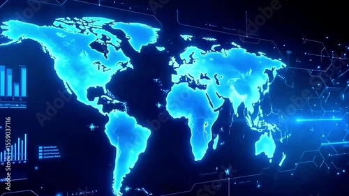 Illuminated world map with data charts and futuristic interface elements