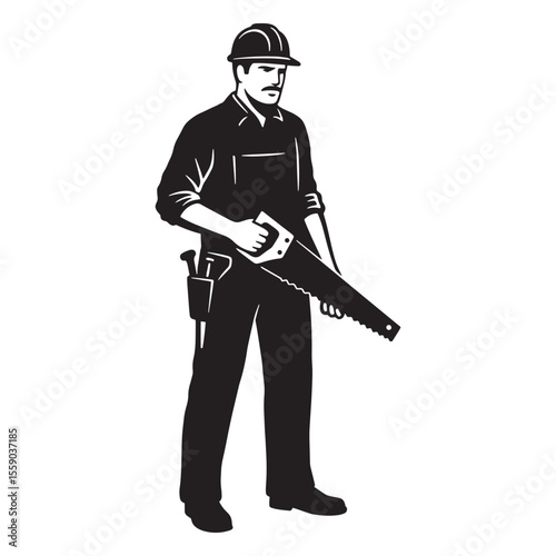 Skilled carpenter holding a hand saw with safety helmet black and white vector illustration