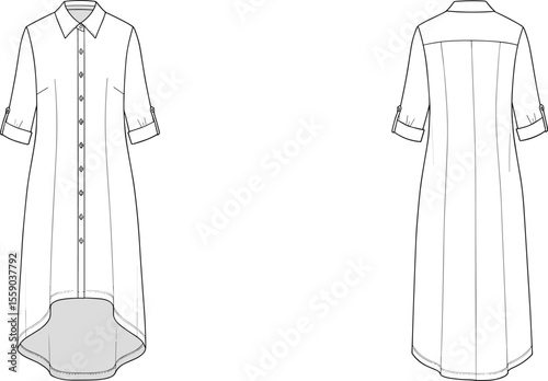 Women's High-Low Hem Shirt Dress with Rolled Sleeves Technical Flat Fashion Sketch Drawing Template for Casual Apparel Design