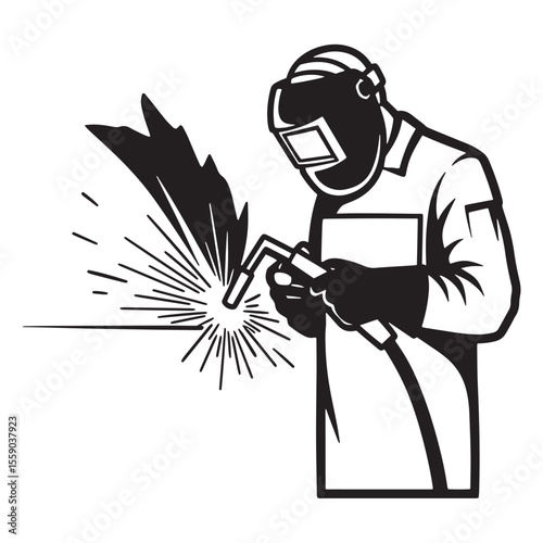 Skilled welder working with welding torch and protective gear in black and white