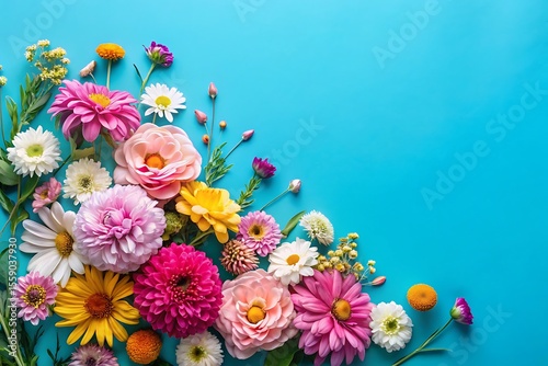 Vibrant assortment of fresh flowers arranged on a bright blue background