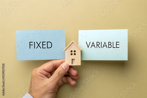 Mortgage rates, loan and real estate concept. The inscription fxed and variable on a notebook in the hands of a man with a miniature house