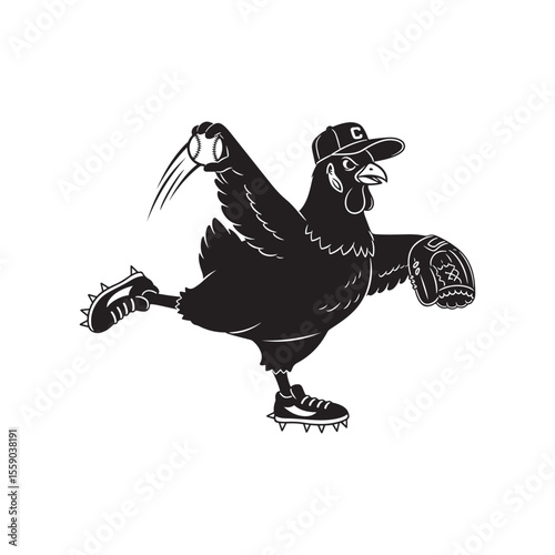 Chicken Baseball Pitcher Silhouette with Ball and Glove vector design