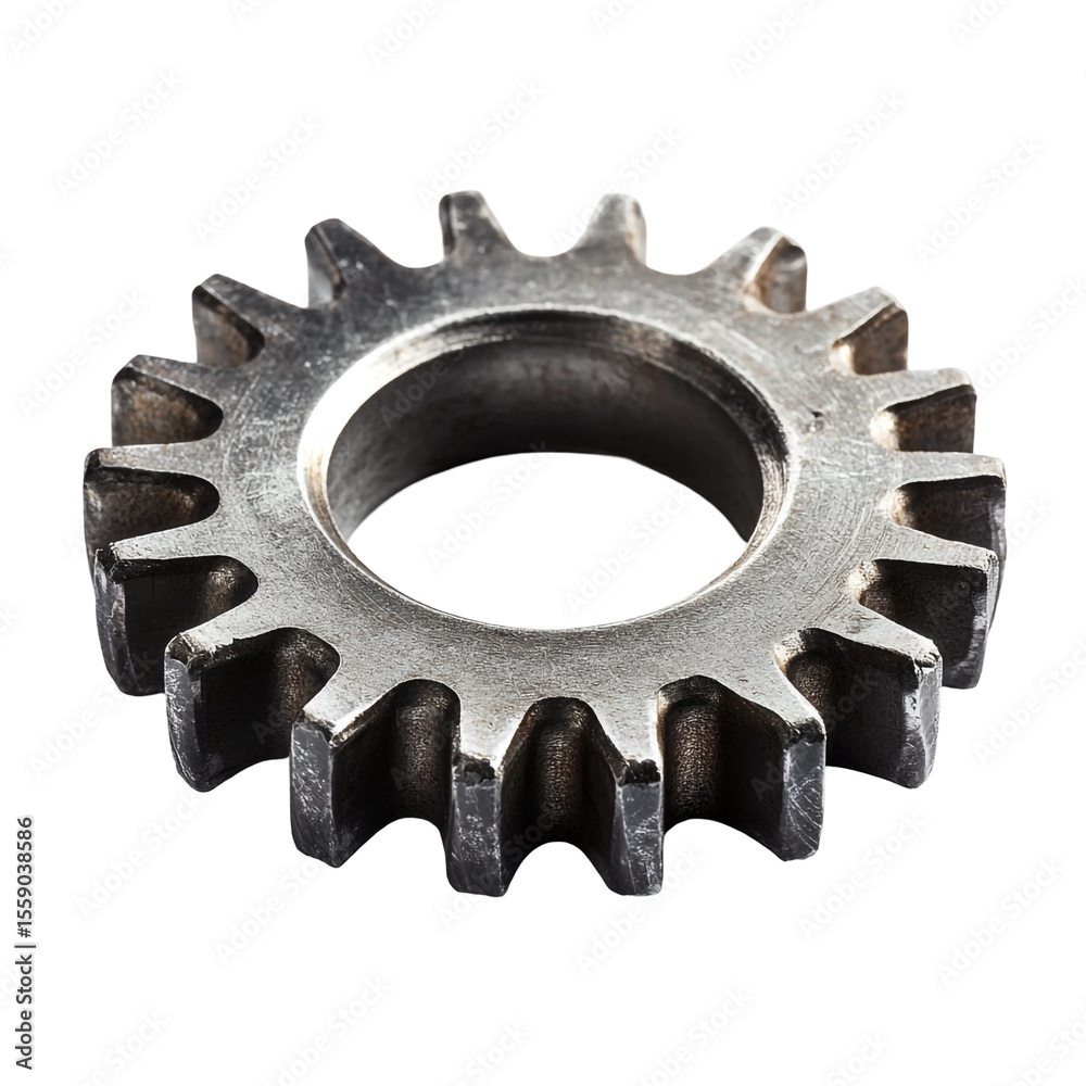 A single metallic gear isolated on black background showing detail and texture A single metallic gear isolated on black background showing detail and texture