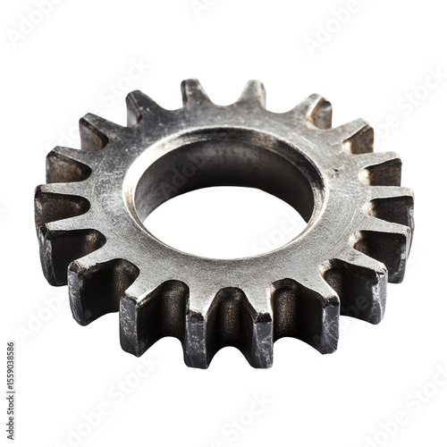A single metallic gear isolated on black background showing detail and texture