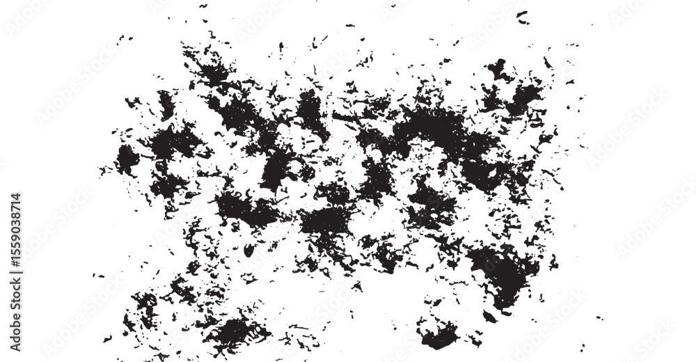 Monochrome grime texture illustration featuring speckled spots and splattered forms in contrasting shades of black and white creating an abstract design with an edgy, gritty feel