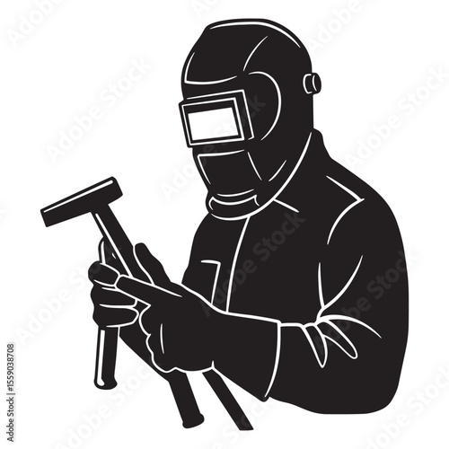 Vector illustration of a welder holding a hammer in protective gear ready for work