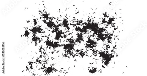 Monochrome grime texture illustration featuring speckled spots and splattered forms in contrasting shades of black and white creating an abstract design with an edgy, gritty feel