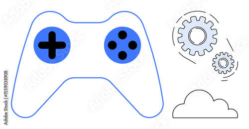 Game controller, gears, and cloud represent gaming, technology integration, cloud services, system optimization. Ideal for gaming, technology concepts, innovation cloud computing teamwork system