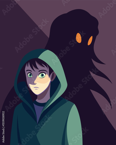 It was as though the shadowy figure was always lurking behind the person waiting for the perfect opportunity to reveal its malevolent intentions.. Vector illustration