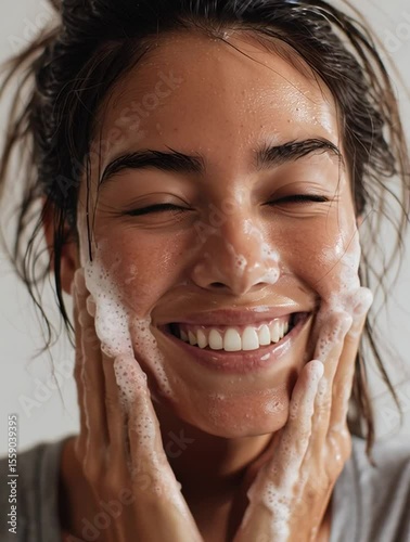 A woman with wet hair and soapy face smiling while washing her face, vertical video