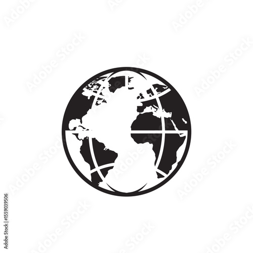 Black and white globe earth icon with longitude and latitude lines, vector design
