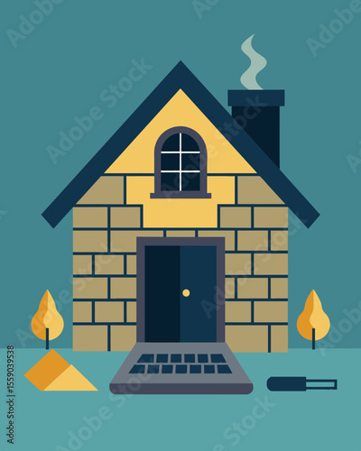 The sound of keys clicking on a laptop keyboard filling the quiet space of a stone cottage with a low hum.. Vector illustration