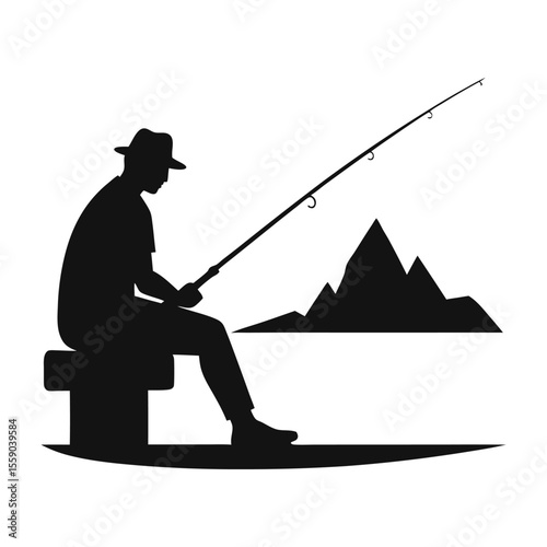 silhouette of a man fishing with rod while sitting on dock by a calm lake