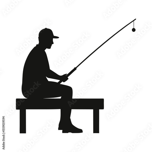 silhouette of a man fishing with rod while sitting on dock by a calm lake