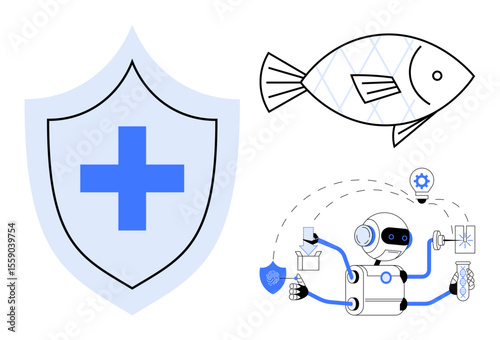 Shield with medical cross, fish representation, robot performing laboratory tests. Ideal for healthcare, medical research, AI, innovation, sustainability, resource management digital diagnostics